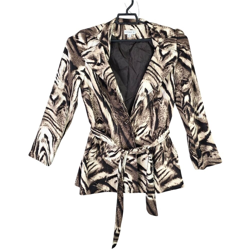 Womens Susan Graver Brown Animal Print Blazer Jacket Belted Polyester Spandex S